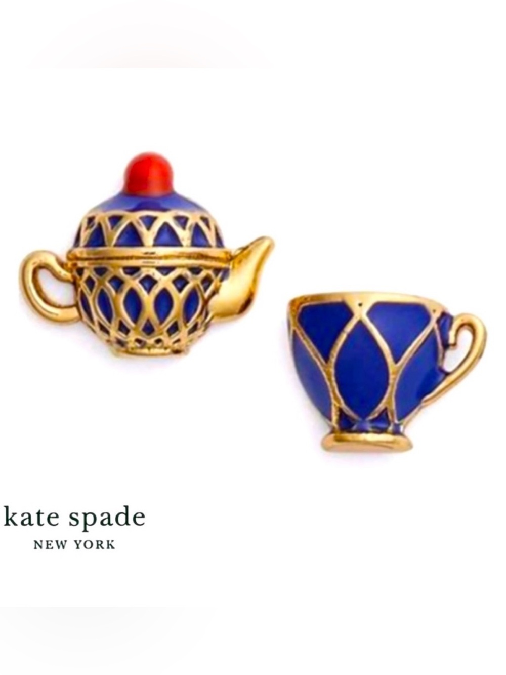Kate Spade “Tea Time” blue & gold teapot & teacup stud earrings